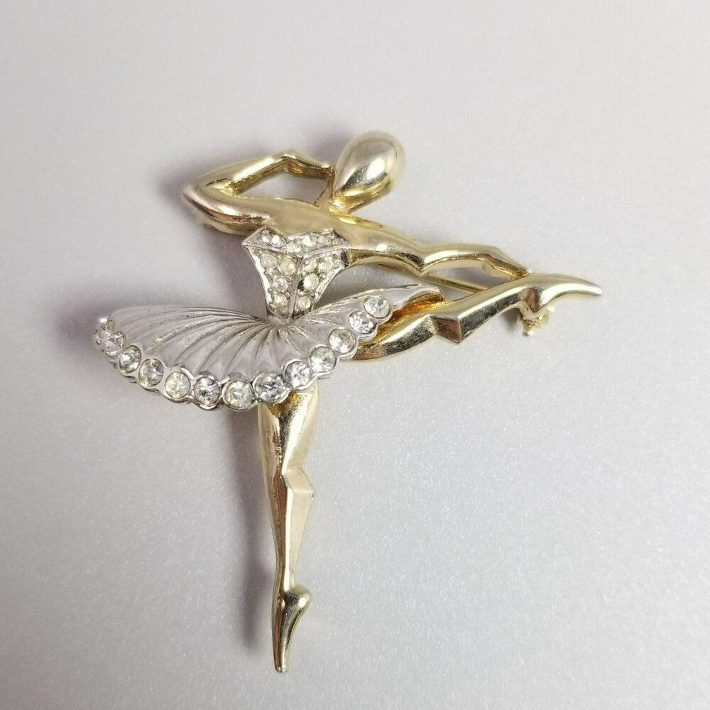 Vintage Ballerina Dancer Rhinestone Gold Plated Ballet of Jewels Brooch Unsigned - Picture 7 of 7